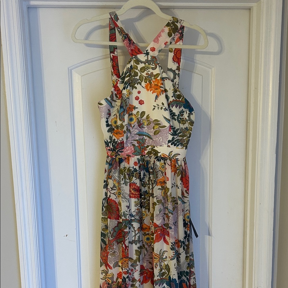 Lulu's White Maxi Dress with Red Orange Green Floral Pattern